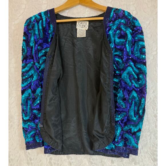 VTG 80s 90s Joan Leslie Studios Silk Sequin Beaded Abstract Glam Party Jacket Sm - Picture 5 of 10